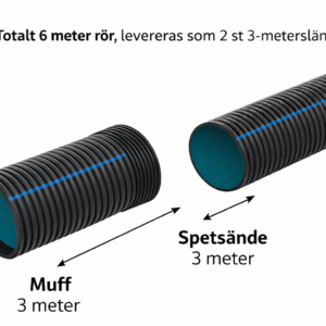 Vägtrumma 300mm levereras i två 3 meter långa svarta korrugerade sektioner - en med en hylsa (Muff) och en med en spetsig ände (Spetsände) - för en total längd på 6 meter, levererade i två delar.