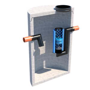 En genomskärningsillustration av en PP markrör 110 mm x 6 meter dagvattenkammare, med två horisontella rör, ett internt blått och grått filtreringssystem och ett galler på toppen med markerade filterkomponenter.