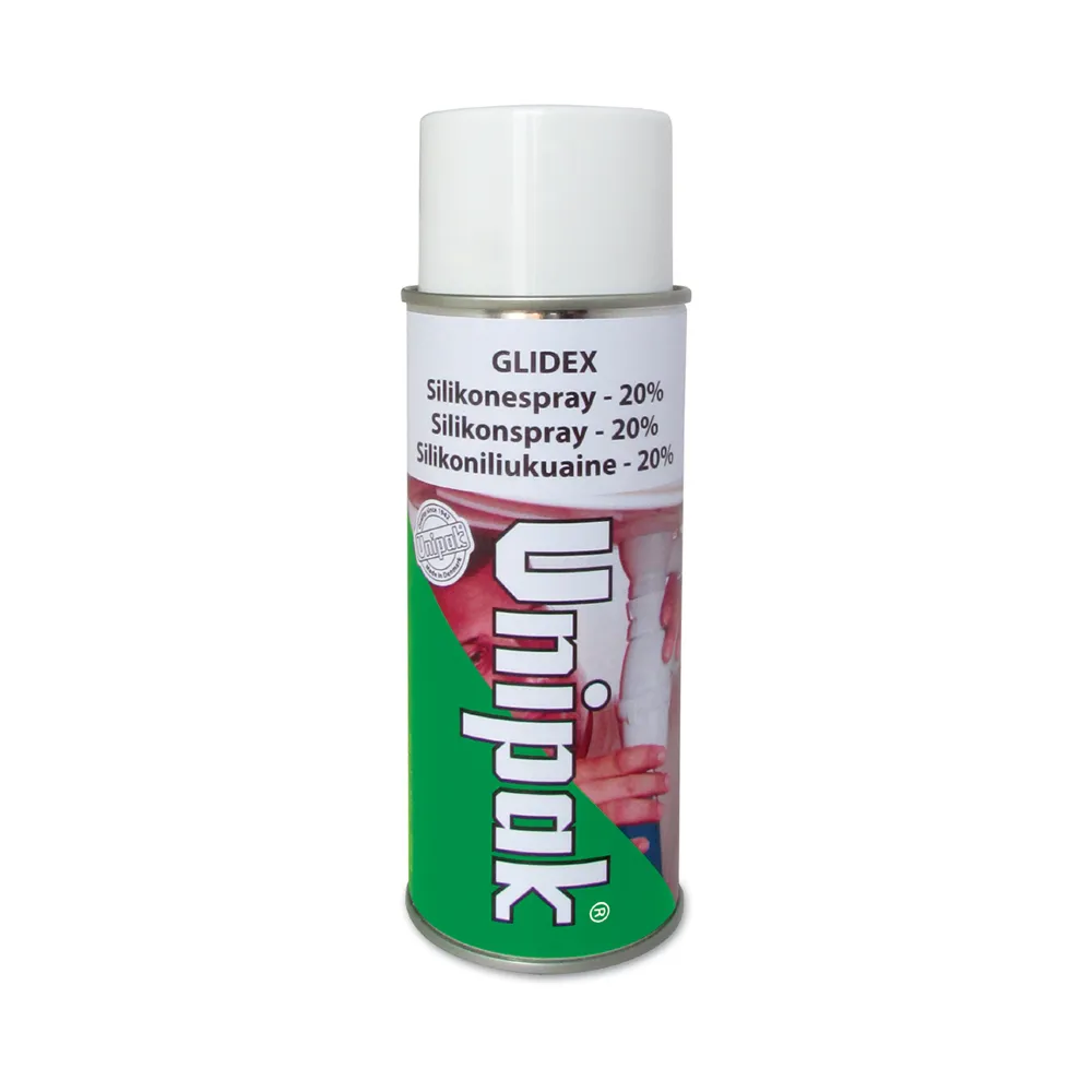 En burk Glidex silikon 400g (kopia) spray med vitt lock, grön och vit etikett och flerspråkig text som anger Silikonespray - 20%.