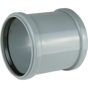 HT skjutmuff är en grå PP-rörkoppling med slät cylindrisk form och en invändig gummitätningsring i ena änden, avsedd för säker sammankoppling av två rördelar.