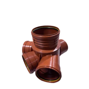 Tillsynsbrunn 400 x 250 mm 3st inlopp (kopia) är en brun plastbas för inspektion av underjordiska dräneringskammare med flera rörinlopp och utlopp, visad på en vit bakgrund.