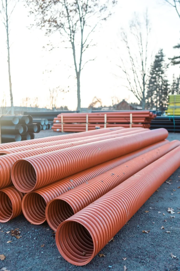Staplar av stora orange korrugerade plaströr är placerade på marken utomhus, med fler rör och träd synliga i bakgrunden under en klar himmel.