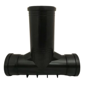 PP rensbrunn 110/110 är en svart T-formad rörkoppling med tre öppningar - en på ovansidan och två på sidorna. Den släta designen gör den lämplig för VVS- eller dräneringssystem.