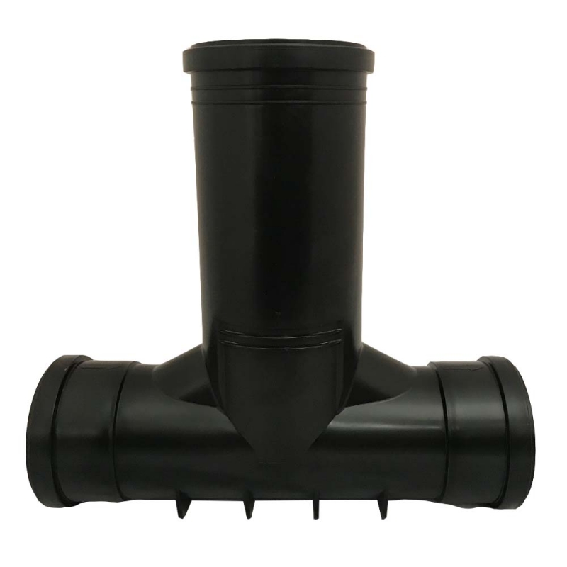 PP rensbrunn 110/110 är en svart T-formad rörkoppling med tre öppningar - en på ovansidan och två på sidorna. Den släta designen gör den lämplig för VVS- eller dräneringssystem.