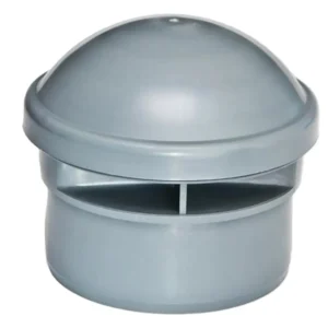 Ventilationshuv 110mm med membran är en grå, kupolformad lufttillförselventil i plast med en cirkulär bas och horisontella ventilationsslitsar, avsedd för VVS-system.