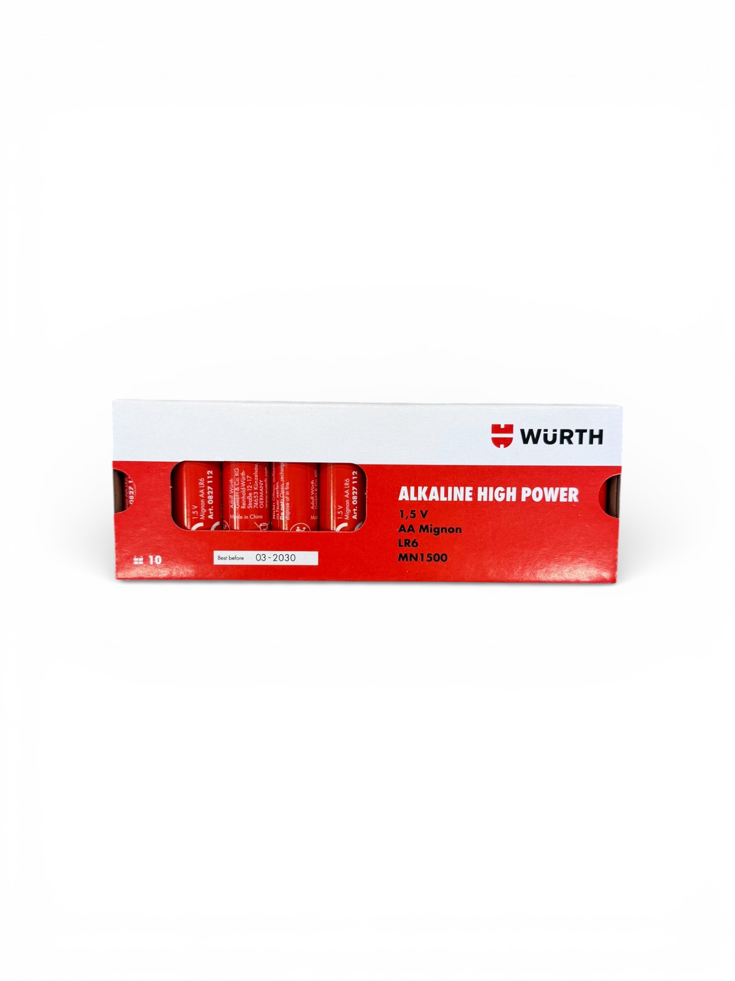 En röd och vit låda med Alkaliskt Batteri AA LR6 1,5V 10-pack visar flera batterier genom ett fönster. Förpackningen visar att det är ett paket med 10 alkaliska AA-batterier med hög effekt.