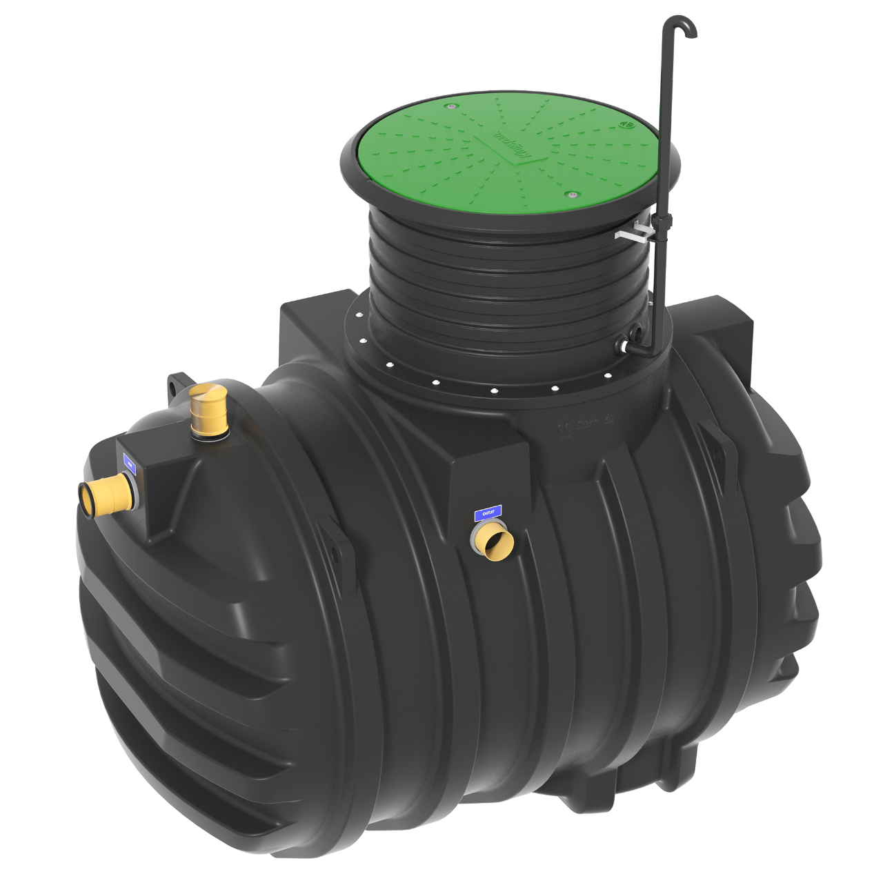 Baga BioFicient reningsverk - 1 hushåll är en stor svart underjordisk plasttank med en räfflad cylindrisk kropp, flera röranslutningar och ett grönt cirkulärt lock på toppen med ett svart metallhandtag.