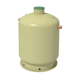 En beige cylinderformad metalltank Baga slamavskiljare 7m3 - 3-6 hushåll (kopia) har ett grönt cirkulärt topplock, två kopparrör på sidorna och ventilationshål runt basen.