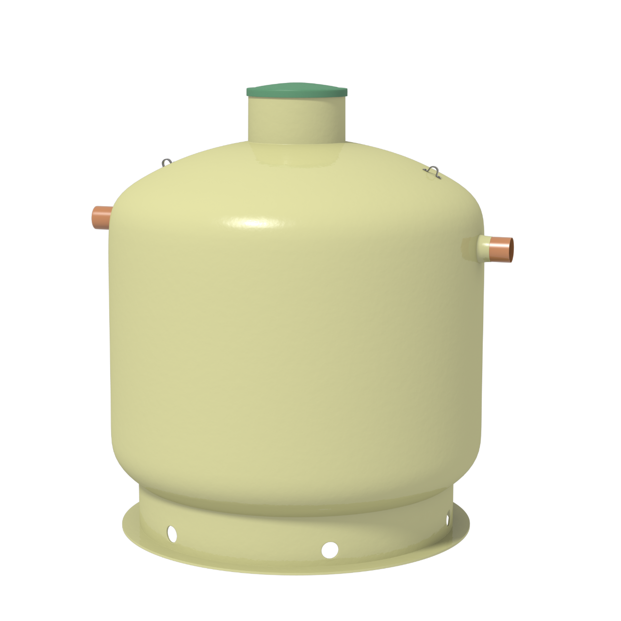 En stor, cylindrisk Baga slamavskiljare 7m3 - 3-6 hushåll i ljusgult med grönt lock och två horisontella kopparrör på sidorna står på en hålslagen cirkulär bas mot en enfärgad vit bakgrund.