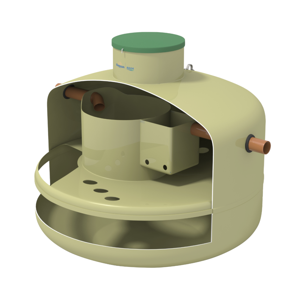 En 3D-bild av Baga slamavskiljare 3m3, en rund, ljusgul septiktank med inre kammare, in- och utloppsrör på sidorna, ett grönt topplock och en synlig inre struktur som visar flödesvägen.