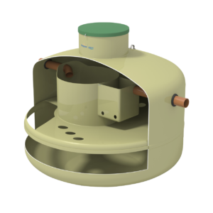 En 3D-bild av Baga slamavskiljare 3m3, en rund, ljusgul septiktank med inre kammare, in- och utloppsrör på sidorna, ett grönt topplock och en synlig inre struktur som visar flödesvägen.