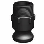 Camlock Hane x Utvändig gänga 1 1/4", svart industriarmatur i plast med gängad överdel och camlockkoppling i botten för slang- eller röranslutningar. Visas på vit bakgrund.