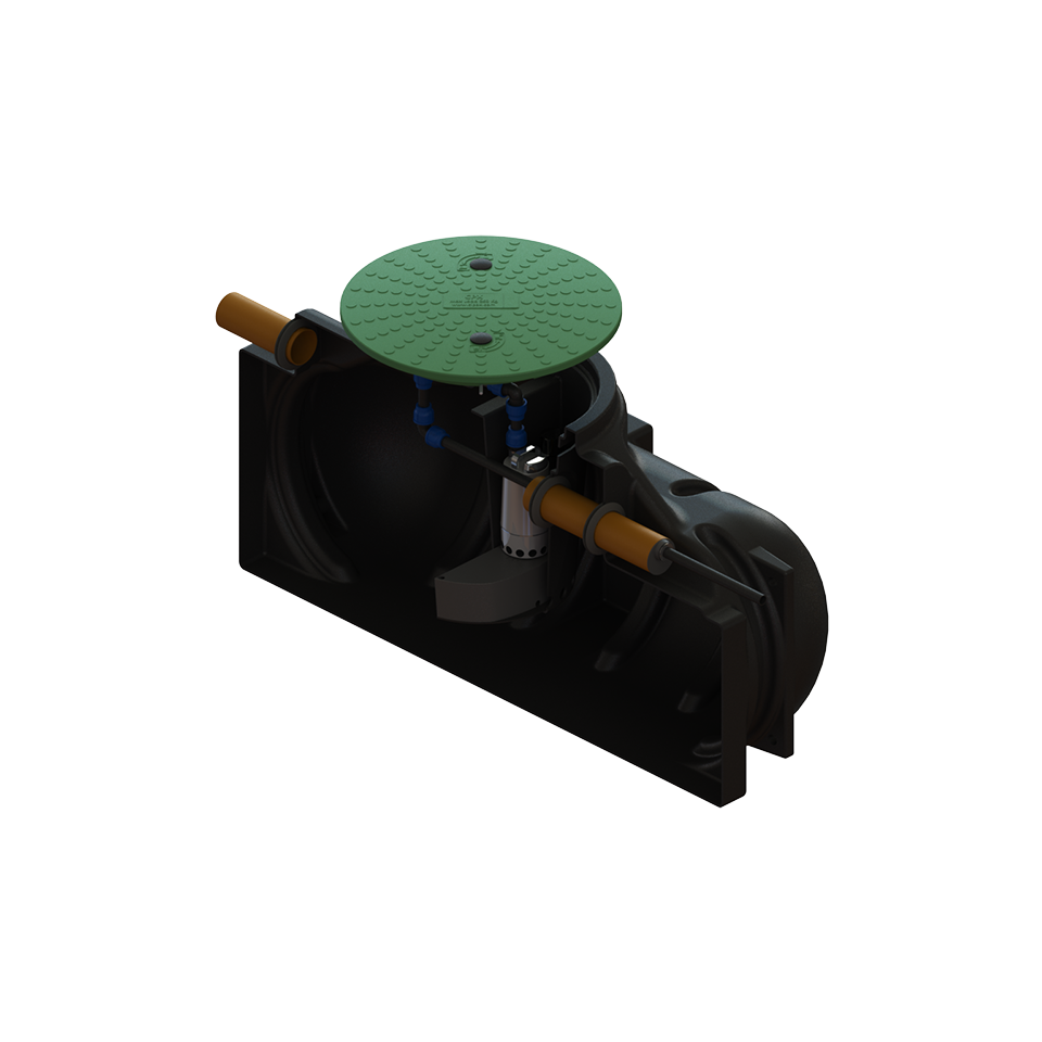 En 3D-rendering av den underjordiska pumpstationen CPX Slamavskiljare 1200L visar ett grönt cirkulärt lock, orange sidorör och ett internt pumpsystem som syns i en skärskådad vy.