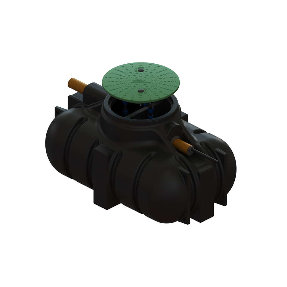 CPX Slamavskiljare 1200L är en svart underjordisk tank med ett grönt cirkulärt lock på toppen och två bruna röranslutningar på vardera sidan.