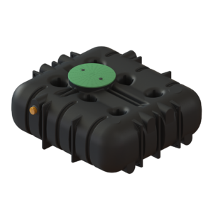 CPX Slamavskiljare 3200L 3-kammare är en svart, rektangulär underjordisk tank med räfflade kanter, flera runda fördjupningar, ett grönt cirkulärt lock på toppen och en liten orange ventil på sidan.