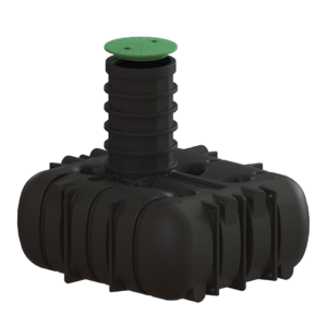 CPX Slamavskiljare 4200L 3-kammare är en svart underjordisk plasttank med räfflade sidor och en hög cylindrisk stigare som toppas av ett runt grönt åtkomstlock.