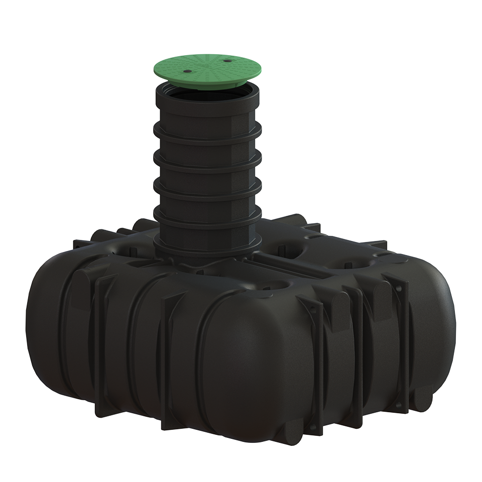 CPX Slamavskiljare 4200L 3-kammare är en svart underjordisk plasttank med räfflade sidor och en hög cylindrisk stigare som toppas av ett runt grönt åtkomstlock.