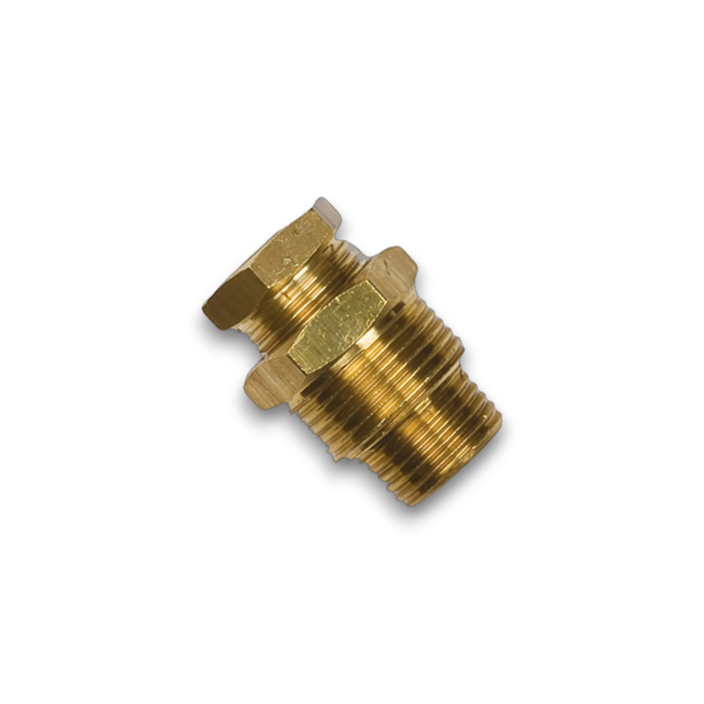 Ebeco Kompletteringssats F-10 är en rörkoppling i mässing med sexkantigt centrum och gängade ändar för anslutning av två rör eller slangar, visad på en vit bakgrund.