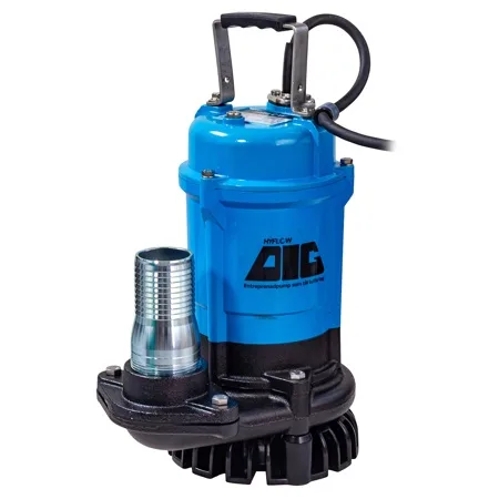 Entreprenadpump Hyflow DIG är en blå och svart dränkbar vattenpump med topphandtag, strömkabel, metallslanganslutning på framsidan, synlig varumärkeslogotyp och en robust industriell design.