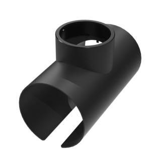 Evodrain sadelgren är en svart, cylindrisk plastkomponent med öppen botten och en upphöjd, cirkulär toppdel, mot en vit bakgrund.