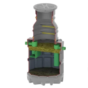 Ett tvärsnittsdiagram över den underjordiska plastkammaren Fettavskiljare PE 2-25 liter/sekunden visar rör, inre bafflar samt jord- och gruslager, vilket illustrerar dess användning för vatten- eller avloppshantering.
