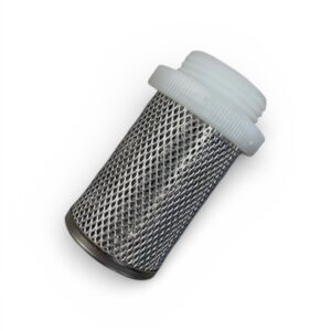 Ett filter till backventil, med ett litet cylindriskt metallnät och ett gängat lock av vit plast, mot en vit bakgrund.