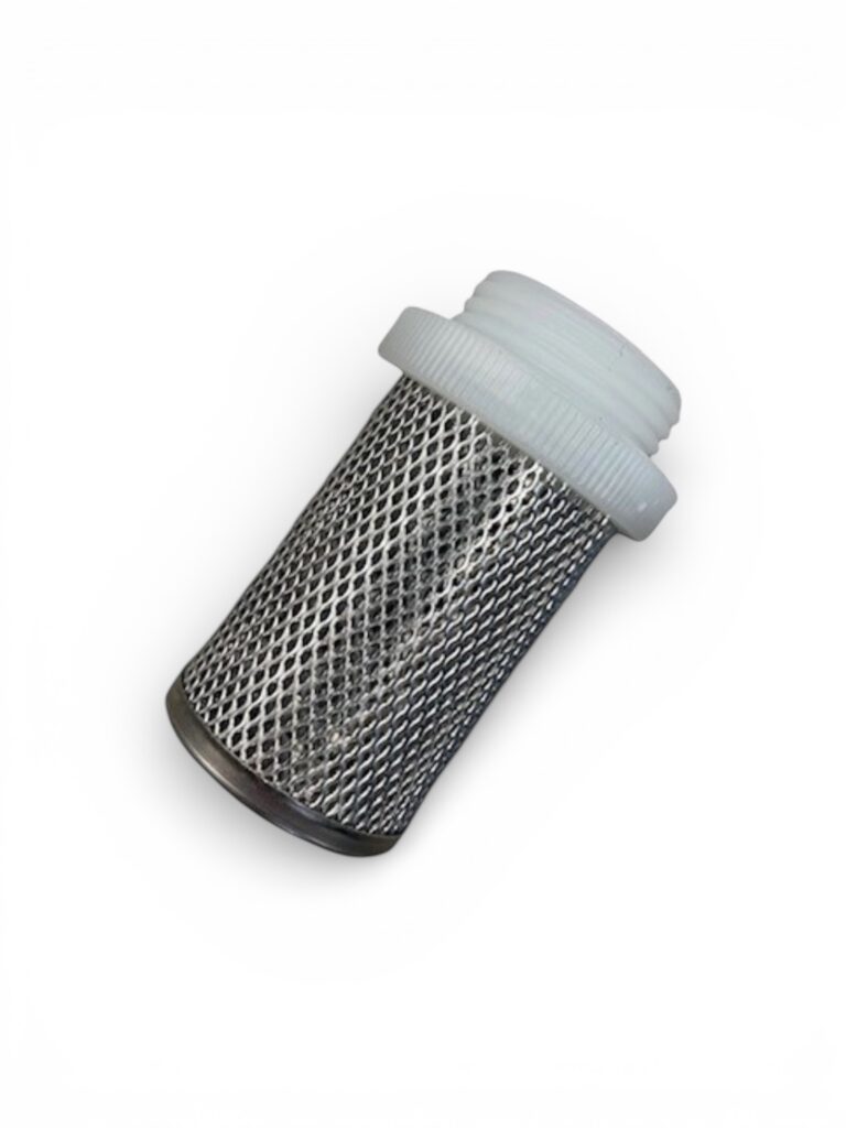 Ett filter till backventil, med ett litet cylindriskt metallnät och ett gängat lock av vit plast, mot en vit bakgrund.