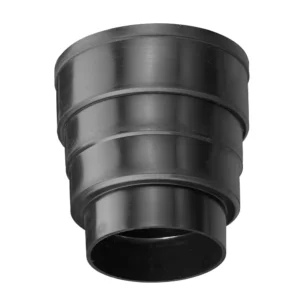 Förminskning till lövsil svart är en svart reduceringsarmatur i plast med avtrappade cylindriska sektioner, idealisk för anslutning av rör med olika diametrar. Den släta ytan har synliga ringar med jämna mellanrum för enkel installation.
