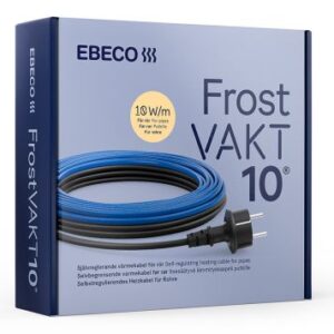 En detaljhandelsförpackning med Frostvakt 10 självreglerande värmekabel, med en svart och blå lindad kabel och stickpropp. På förpackningen finns produktinformation och specifikationer på flera språk.