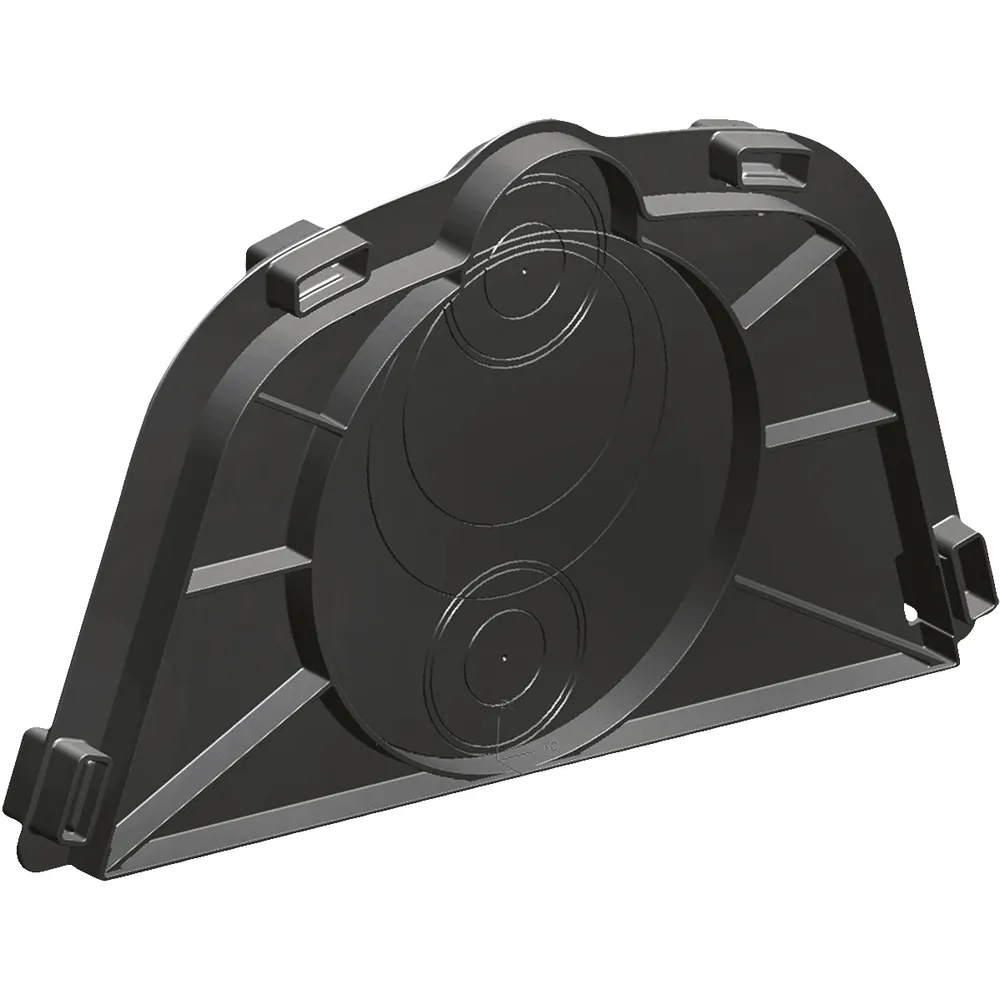 Gavel till Infiltrationstunnel PP är en svart plastkomponent med en böjd, räfflad design, flera cirkulära fördjupningar och fyra hörnklämmor, som sannolikt fungerar som ett skyddande hölje för infiltrationstunnelsystem.