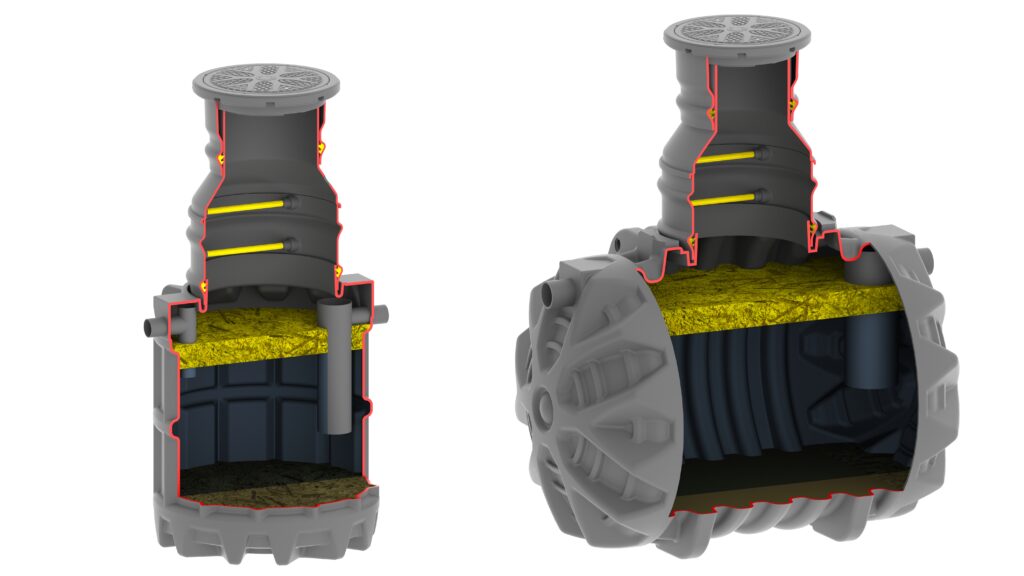 Fettavskiljare PE 2-20 liter/sekunden består av två gråa cylindriska underjordiska tankar med gul isolering, tvärsnitt som visar inre kammare, rörledningar, räfflade väggar och runda åtkomstlock på toppen.