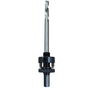 Hållare till hålsåg inkl. borr är ett hålsågsskaft i metall med ett monterat borr, svart sexkantsskaft och en åtdragningskrage med ställskruvar, som visas isolerat mot en vit bakgrund.