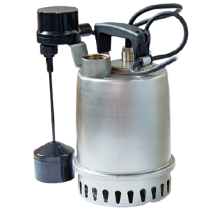 Hyflow Dränett länspump 1-fas är en dränkbar vattenpump i rostfritt stål med en svart flottörbrytare, nätsladd, topphandtag, insugningsbur i botten och ett gängat sidoutlopp.