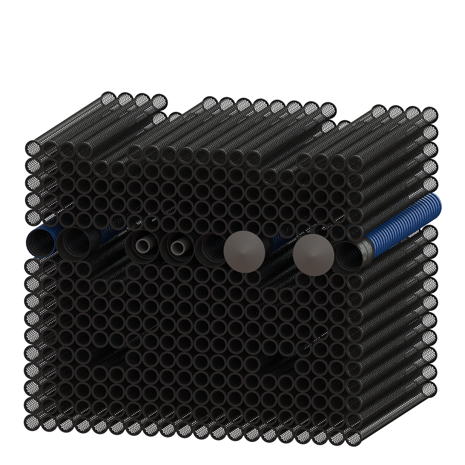 En stapel svarta CPX Infiltrationspaket biomodulspaket 14m² rör, cylindriska och horisontellt inriktade, är anordnade i ett rektangulärt block med flera blå och grå rör utspridda på höger sida och i mitten.