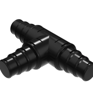 En blank svart Kapbar T-rör 110/63 mm x 90° rörkoppling av plast med tre räfflade ändar, för sammanfogning av rör eller slangar, visas mot en vit bakgrund.