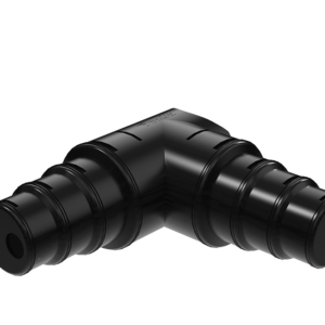 Kapbar vinkel 110/63 mm x 90° är en svart plastvinkel med två räfflade ändar i 90 graders vinkel, avsedd för sammanfogning av flexibla slangar eller rör. Ytan är slät och glänsande.