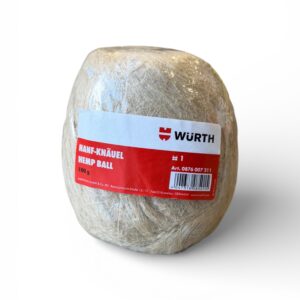 En beige boll av hampasnöre, förpackad i genomskinlig plast, med en rödvit Würth-etikett med texten "Lin 100g" och produktinformation på tyska och engelska.