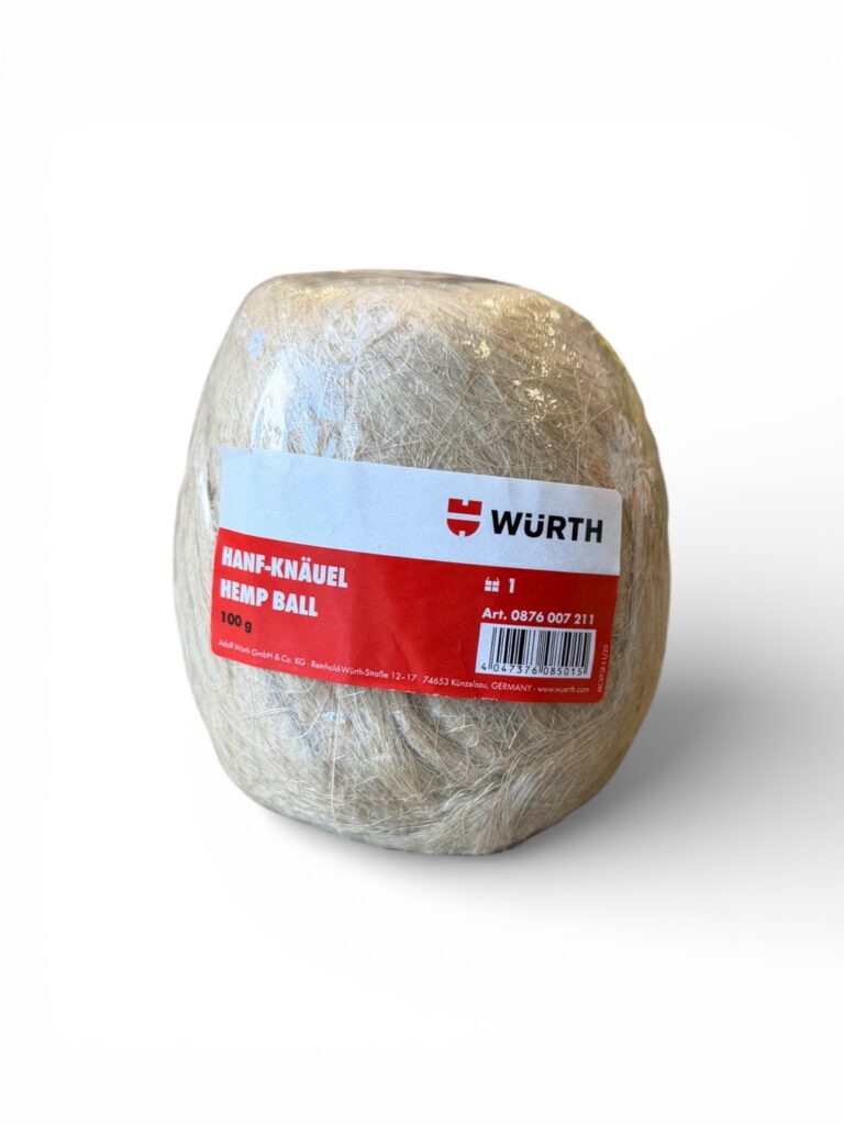 En beige boll av hampasnöre, förpackad i genomskinlig plast, med en rödvit Würth-etikett med texten "Lin 100g" och produktinformation på tyska och engelska.