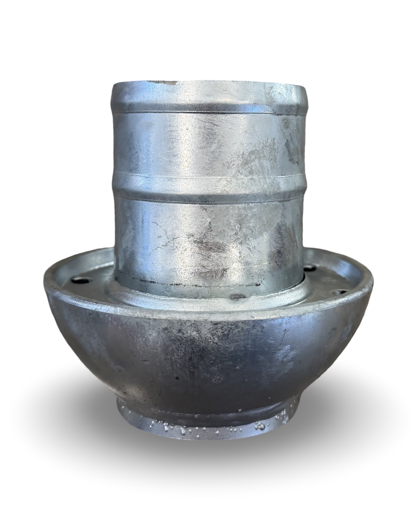 Slambilskoppling M42 KVS Hane x Slanghals 3" är en cylindrisk metalldel med en bredare rundad bas och en smalare, räfflad topp, som visas på en vit bakgrund med en subtil skugga under.