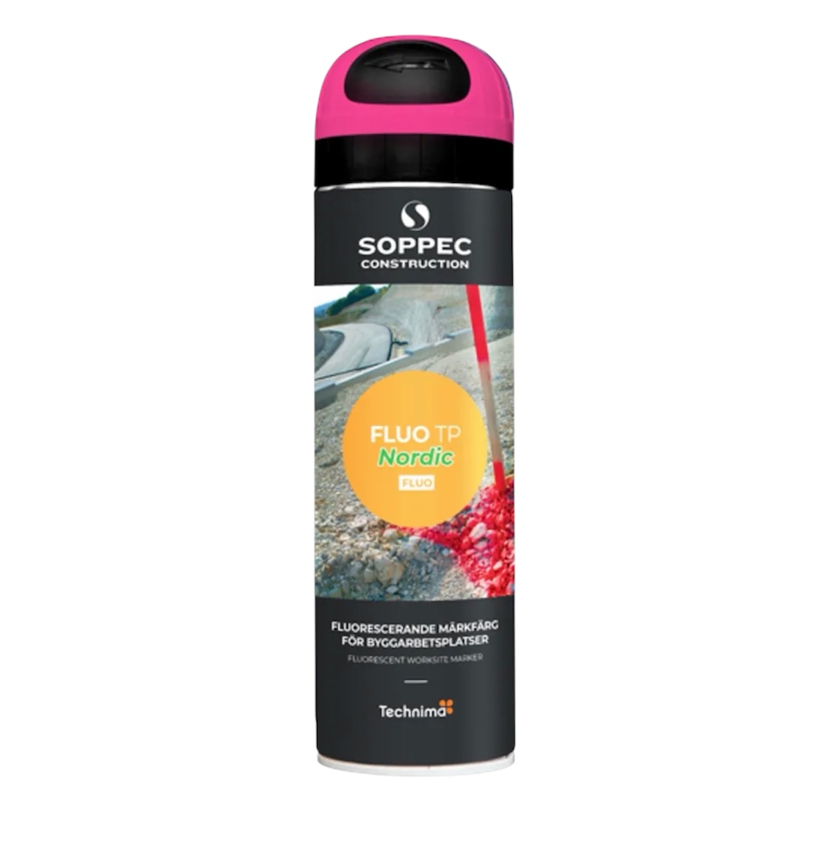 En burk Markeringsfärg Rosa fluorescerande markeringsfärg med rosa lock och en etikett som visar färg på en väg - perfekt att använda tillsammans med orange markeringsfärg i byggprojekt.