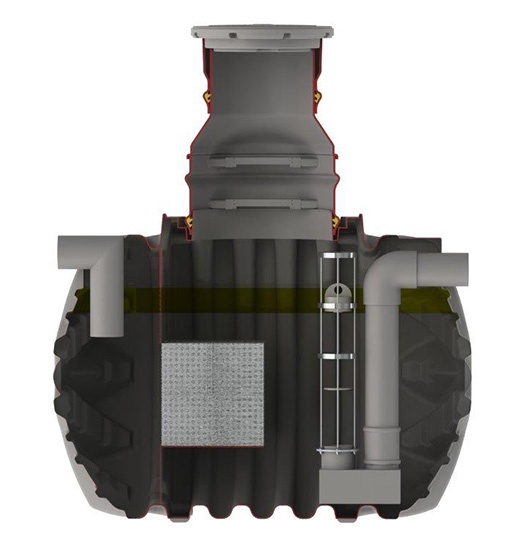 Tvärsnittsritning av Oljeavskiljare PE 6 liter/sekunden, som visar en åtkomstlucka på ovansidan, invändig stege, anslutningsrör på sidorna och kammare för avfall.