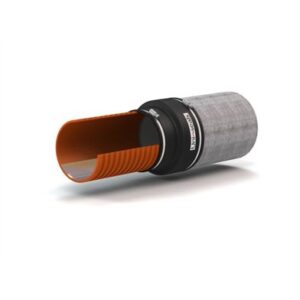 Övergångskoppling cylindrisk rörkoppling med en metallgrå utsida och en delvis exponerad orange, räfflad insida som visar lagren i dess konstruktion.