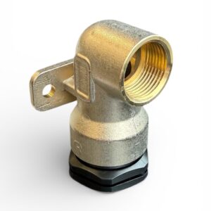 PRK Ventilfäste TA 418 är en 90-graders rörkoppling av metall med gängad öppning, monteringsfäste och svart plastbas, som visas isolerad mot en vit bakgrund.