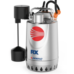 Pedrollo RXM 2-GMV länspump 1-fas är en dränkbar vattenpump i rostfritt stål med flottörbrytare, svarta nätsladdar och en röd logotyp på framsidan.