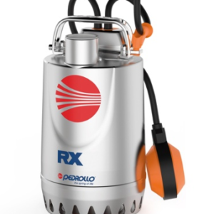 Pedrollo RXM 2 länspump är en dränkbar vattenpump i rostfritt stål med en röd cirkulär logotyp med bokstäverna RX, Pedrollo-varumärke, ett handtag, svarta kablar och en orange flottörbrytare på sidan.
