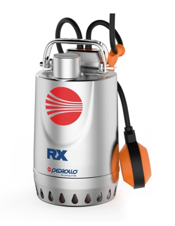 Pedrollo RXM 2 länspump är en dränkbar vattenpump i rostfritt stål med en röd cirkulär logotyp med bokstäverna RX, Pedrollo-varumärke, ett handtag, svarta kablar och en orange flottörbrytare på sidan.