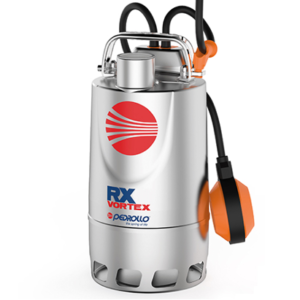 Pedrollo Rostfri vortex länspump är en dränkbar vattenpump i rostfritt stål med svarta kablar och en orange flottörbrytare, med RX Vortex-varumärke och Pedrollos logotyp på framsidan.