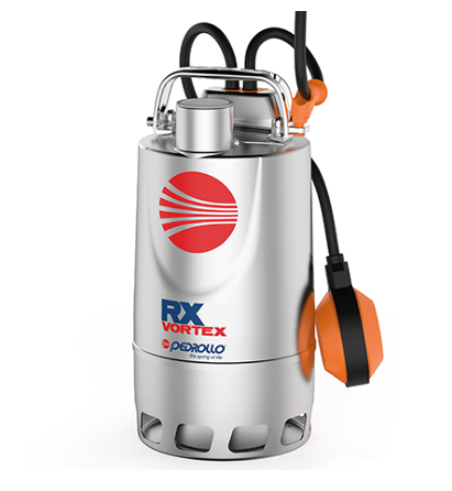 Pedrollo Rostfri vortex länspump är en dränkbar vattenpump i rostfritt stål med svarta kablar och en orange flottörbrytare, med RX Vortex-varumärke och Pedrollos logotyp på framsidan.