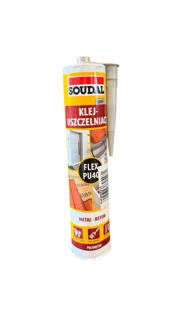 En 310 ml tub med Polyuretanlim lim och tätningsmedel med ett grått munstycke, avsedd för metall och betong. Förpackningen är röd, gul och vit med bilder på byggytor.