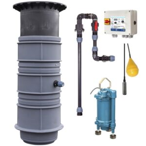 Pumptek LTA PT07 3-fas 1,7-2,2 m pumpstationssats innehåller en stor grå cylindrisk tank, svarta rörledningar med anslutningar, kontrollpanel, gul flottörbrytare och en blå dränkbar pump med handtag och två ben.